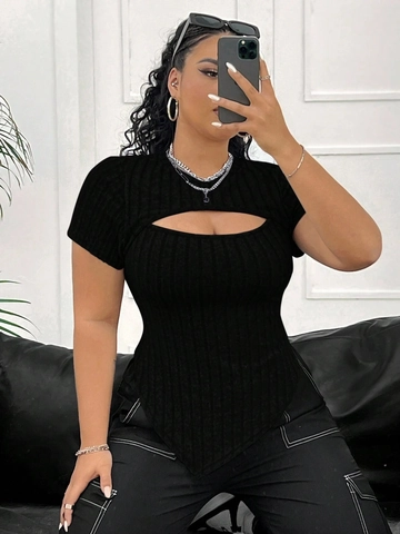 Camiseta de Talla Grande para Mujer de Punto Acanalado Ajustada Manga Corta con Abertura Delantera Dobladillo Irregular Color Sólido Top Casual de Verano