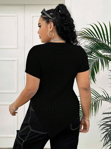 Camiseta de Talla Grande para Mujer de Punto Acanalado Ajustada Manga Corta con Abertura Delantera Dobladillo Irregular Color Sólido Top Casual de Verano