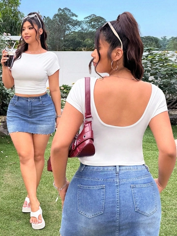 Women Plus Size Sexy Backless T-Shirt Slim Fit Short Sleeve Round Neck Summer Solid Color Top