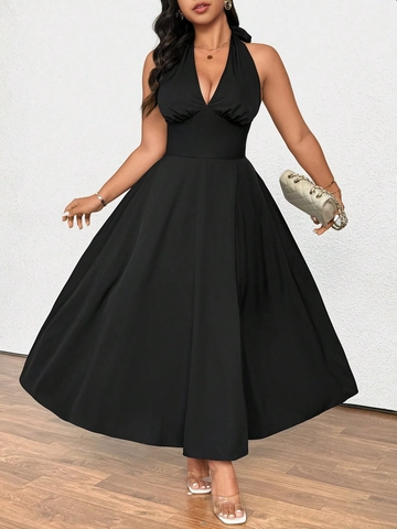 Plus Size Women Elegant French Halter V Neck Maxi Dress Backless High Waist Side Slit Banquet Party Evening Gown