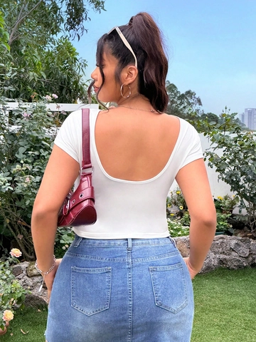 Women Plus Size Sexy Backless T-Shirt Slim Fit Short Sleeve Round Neck Summer Solid Color Top