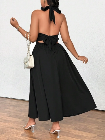 Plus Size Women Elegant French Halter V Neck Maxi Dress Backless High Waist Side Slit Banquet Party Evening Gown