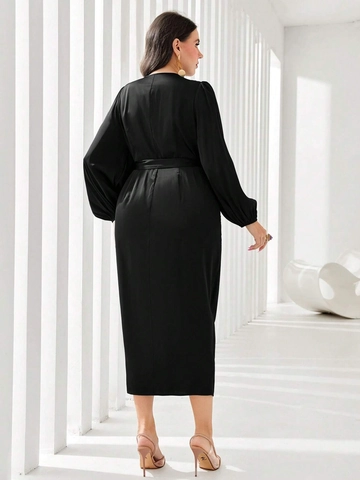 Dames Grote Maten Elegante Zwarte Satijnen Wikkeljurk V-Hals Lantaarnmouw Slim Fit Met Riem Avondfeest Cocktailjurk