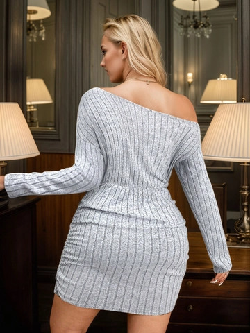 Plus Size Sexy Ein Schulter Langarm Strick Minikleid Gerafft Bodycon Elegant Grau Party Bleistift Kleid Für Damen