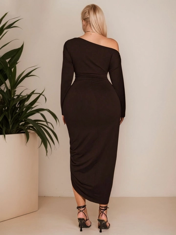 Plus Size One Shoulder Ruched Maxi Dress Sexy High Slit Long Sleeve Solid Color Slim Fit Banquet Party Club Evening Dress