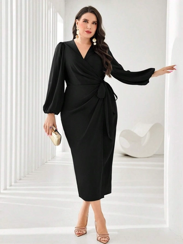 Dames Grote Maten Elegante Zwarte Satijnen Wikkeljurk V-Hals Lantaarnmouw Slim Fit Met Riem Avondfeest Cocktailjurk