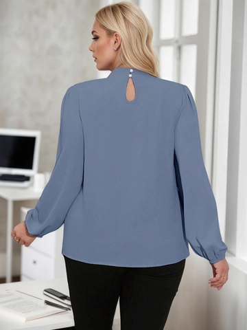 Women Elegant Pleated Criss Cross V Neck Blouse Plus Size Morandi Blue Solid Color Long Sleeve Lantern Sleeve Office Shirt Top