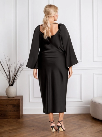 Abito Midi da Donna Taglie Forti in Raso Nero Manica Lunga Elegante Schiena Scoperta Scollo a Cuore Manica a Campana Aderente Festa