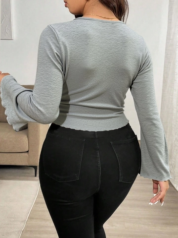 Sexy V Neck Knotted Ribbed Knit Top For Women Flare Long Sleeve Irregular Hem Plus Size T-Shirt Casual Solid Color Blouse