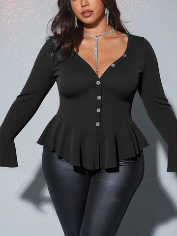 Women Plus Size Solid Black Peplum Top Sexy V Neck Long Sleeve Ribbed Blouse With Buttons Elegant Flared Sleeve Shirt