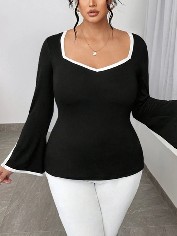 Women Plus Size Square Neck Contrast Trim Bell Sleeve Knit Top Elegant Black Long Sleeve Slim Fit T-Shirt Spring Autumn