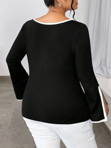 Women Plus Size Square Neck Contrast Trim Bell Sleeve Knit Top Elegant Black Long Sleeve Slim Fit T-Shirt Spring Autumn