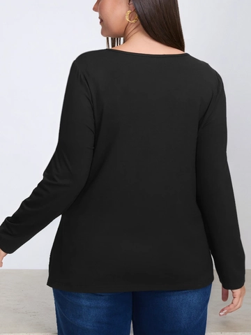 Dames Grote Maten Casual V-Hals Lange Mouw T-Shirt Gerimpelde Goudkleurige Knoop Decor Polyester Elastaan Zacht Topje