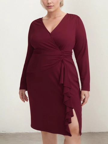Plus Size Women V Neck Wrap Dress Long Sleeve Ruched Split Hem Ruffle Elegant Solid Color Wine Red Bodycon Midi Dress