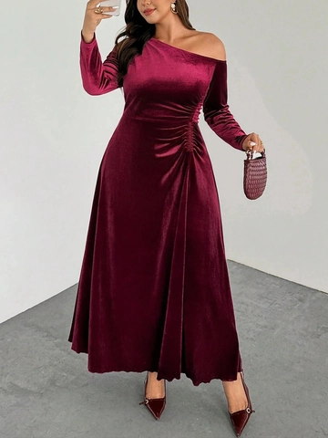 Women Sexy One Shoulder Velvet Long Sleeve Ruched Maxi Dress Elegant Burgundy Solid Color Evening Party Gown