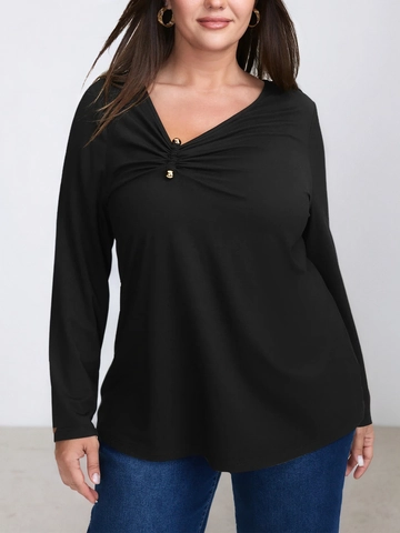 Dames Grote Maten Casual V-Hals Lange Mouw T-Shirt Gerimpelde Goudkleurige Knoop Decor Polyester Elastaan Zacht Topje