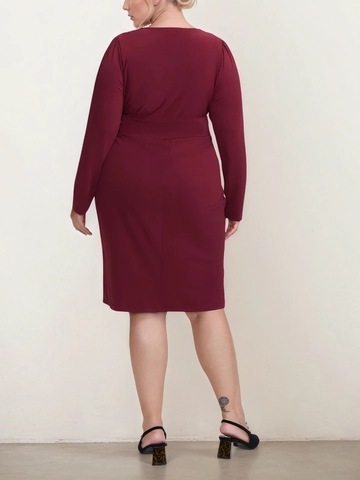 Plus Size Women V Neck Wrap Dress Long Sleeve Ruched Split Hem Ruffle Elegant Solid Color Wine Red Bodycon Midi Dress