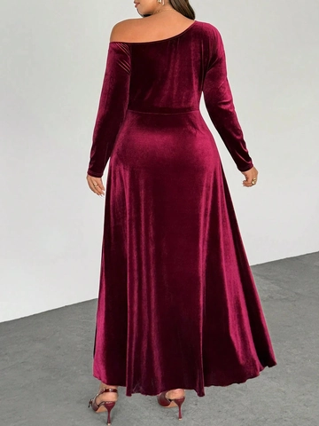 Women Sexy One Shoulder Velvet Long Sleeve Ruched Maxi Dress Elegant Burgundy Solid Color Evening Party Gown