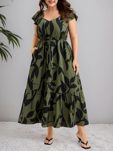 Plus Size Olijfgroen Bladeren Print V-hals Vlindermouw Gelaagde Jurk Trekkoord Taille Tassel Boheems Maxi-jurk Dames