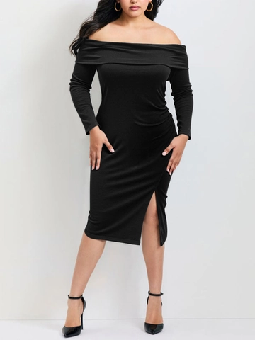 Women Plus Size Off Shoulder Long Sleeve Midi Dress Slim Fit Ribbed Knit Bodycon Dress With Side Slit Elegant Autumn Dress