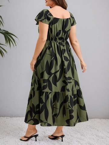 Plus Size Olijfgroen Bladeren Print V-hals Vlindermouw Gelaagde Jurk Trekkoord Taille Tassel Boheems Maxi-jurk Dames