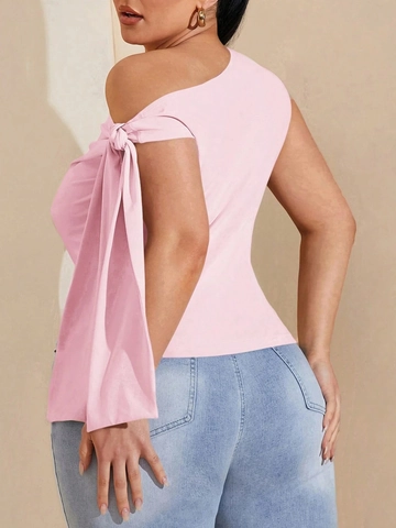 Women's Plus Size Pink One Shoulder Sleeveless T-Shirt Elegant Sweet Solid Color Slim Fit Top With Bow Tie Detail Summer
