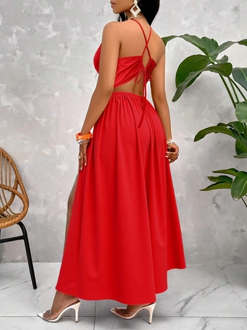 Sexy Deep V Neck Halter Maxi Dress For Women Plus Size Drawstring High Slit Backless Hollow Out Solid Red Long Dress
