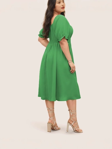 Women's Plus Size Green Midi Dress Retro Square Neck Puff Sleeve Smocked Waist Side Slit Casual A-Line Party Dress