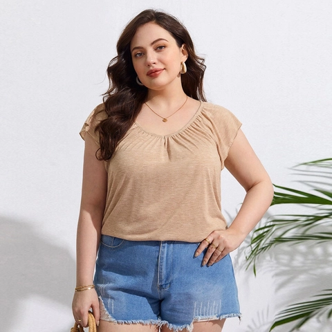 Damen Übergröße Casual Khaki T-Shirt Kurz Raglanärmel Plissee Rundhals Locker Gestrickt Sommer Top Komfortabel Urlaub Tee
