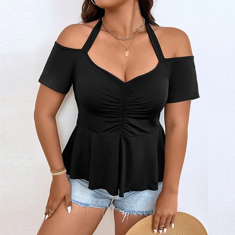 Women Plus Size Cotton Blend Halter Neck Cold Shoulder T-Shirt Sexy Ruched Peplum Hem Casual Short Sleeve Summer Top