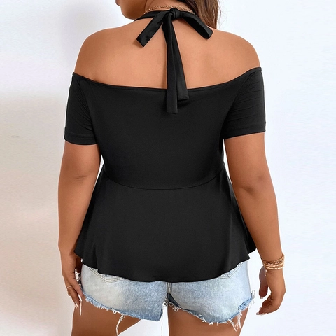 Women Plus Size Cotton Blend Halter Neck Cold Shoulder T-Shirt Sexy Ruched Peplum Hem Casual Short Sleeve Summer Top