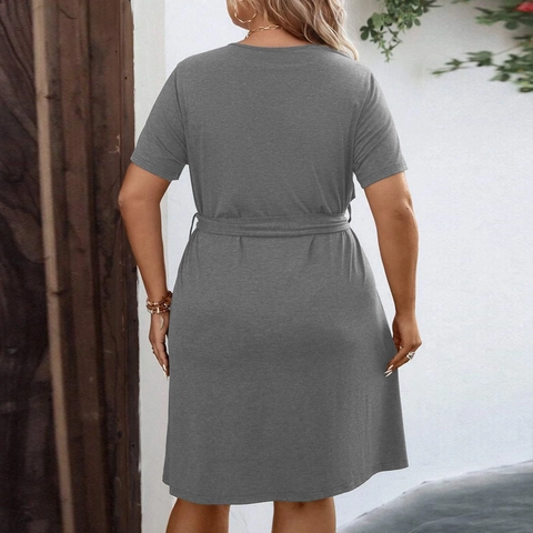 Women Plus Size V Neck Short Sleeve Dress Casual Solid Color A Line Midi Dress With Belt Button Detail Summer Fashion Clothing