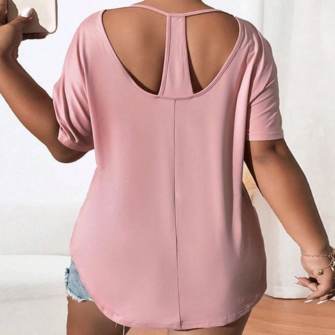 Camiseta de Punto Casual de Talla Grande para Mujer Ajuste Holgado Cuello Redondo Manga Corta Color Sólido Espalda Calada Top de Moda de Verano