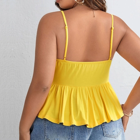 Damen Übergröße Peplum Cami Top Rüschensaum Ärmellos V-Ausschnitt Knopfdekor Spaghetti-Träger Casual Sommer Sexy Gelb Tanktop