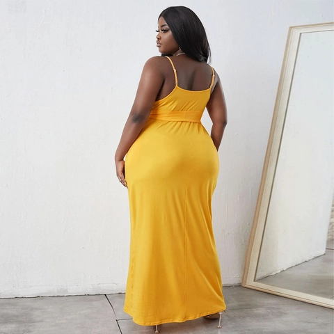 Plus Size Women Knitted Cami Maxi Dress Elegant Sleeveless V Neck Tie Waist Solid Color Casual Vacation Long Dress
