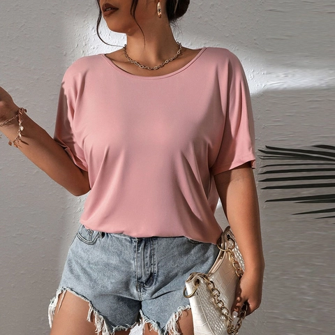 Camiseta de Punto Casual de Talla Grande para Mujer Ajuste Holgado Cuello Redondo Manga Corta Color Sólido Espalda Calada Top de Moda de Verano