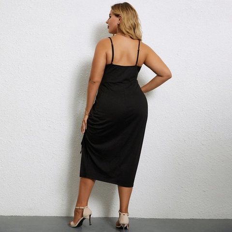 Women Plus Size V-Neck Camisole Midi Dress Cotton Polyester Knit Side Split Ruched Drawstring Slim Fit Elegant Sexy Dress