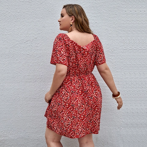 Vestido de Talla Grande para Mujer Cuello en V Estampado Floral Manga Corta Cintura Alta Línea A Mini Playa Vacaciones Verano