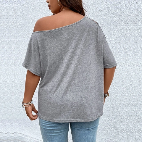 Women Plus Size Cold Shoulder T-Shirt Casual Skew Neck Asymmetric Short Sleeve Knitted Top Cotton Blend Gray Summer Clothing