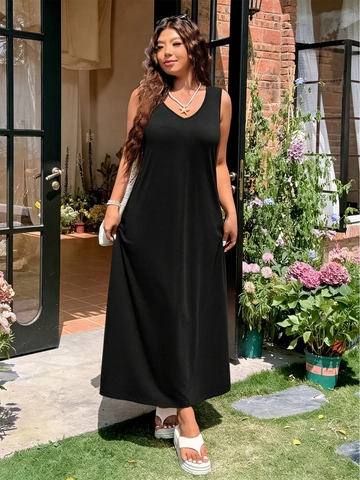 Damen Übergröße Ärmelloses Maxikleid Mit V-Ausschnitt Lässiger Seitenschlitz Baumwollmischung Hohe Taille A-Linie Kleid