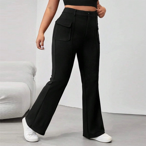 Damen Plus Size Hohe Taille Schlaghose Mit Pattentaschen Einfarbig Schwarz Retro Streetwear Schlankmachende Bootcut Lange Hose