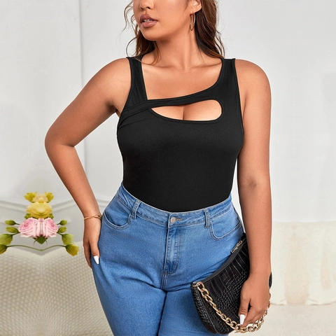 Canotta da Donna Taglie Forti in Maglia a Costine Con Cutout e Tracolla Asimmetrica Gilet Nero Aderente Estate Casual