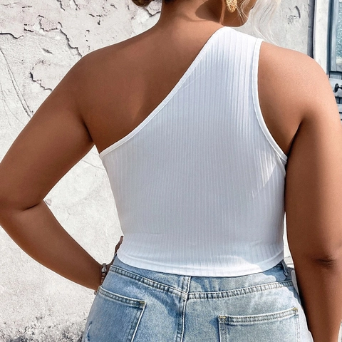 Top a Canotta in Maglia a Coste Monospalla da Donna Taglie Forti Sexy Ritagli Camisole Corto Estate Crop Top Gilet Casual
