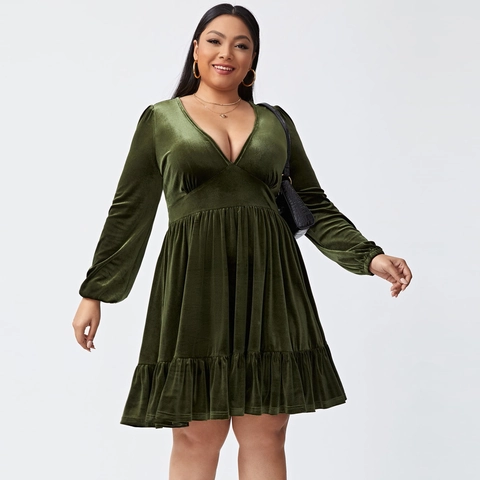 Dames Grote Maten Fluwelen Jurk Diepe V-Hals Lange Mouwen Hoge Taille Ruffle Zoom Elegante Party Cocktail Mini A-Lijn Jurk