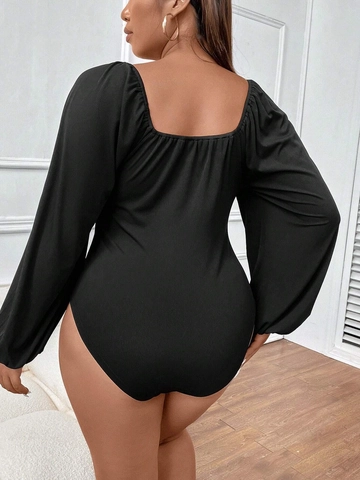 Plus Size Women's Sexy Square Neck Ruched Bodysuit Solid Color Puff Long Sleeve Slim Fit Ribbed One Piece Top
