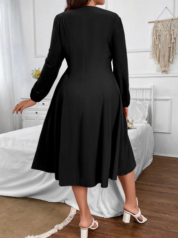 Vestito Taglie Forti Donna Scollo Quadrato Manica Lunga Linea a A Vita Alta Snellente Increspato Midi Elegante Nero Casual