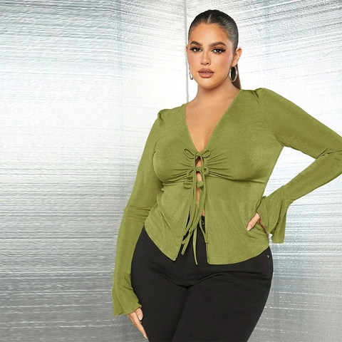 Women Plus Size Sexy V Neck Lace Up Long Sleeve Top Solid Color Bell Sleeve Slim Fit Knitted Blouse