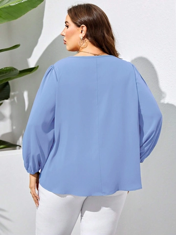 Women Plus Size V Neck Long Lantern Sleeve Blouse Casual Solid Color Loose Pleated Commuter Chiffon Look Shirt Top For Autumn