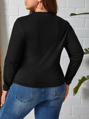 Women's Plus Size Black Ribbed Knit Long Sleeve T-Shirt Asymmetric Ruched Slit Hem Crew Neck Casual Slim Fit Solid Top