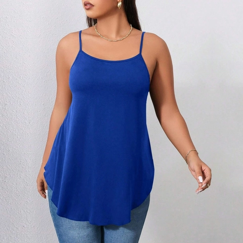 Women Plus Size Cami Tank Top Cotton Blend Basic Solid Color Rounded Hem Thin Strap Sleeveless Casual Summer Vest Top